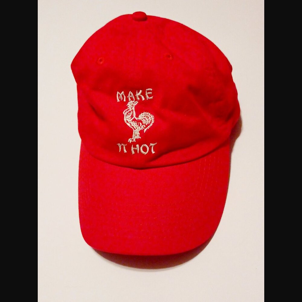 Petal and Peacocks Red Rooster Make It Hot Sriracha Hat OSFM ADJUSTABLE